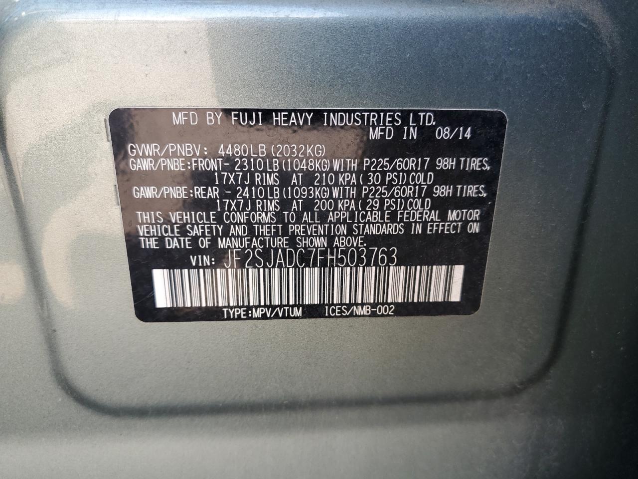 2015 Subaru Forester 2.5I Premium VIN: JF2SJADC7FH503763 Lot: 63692544