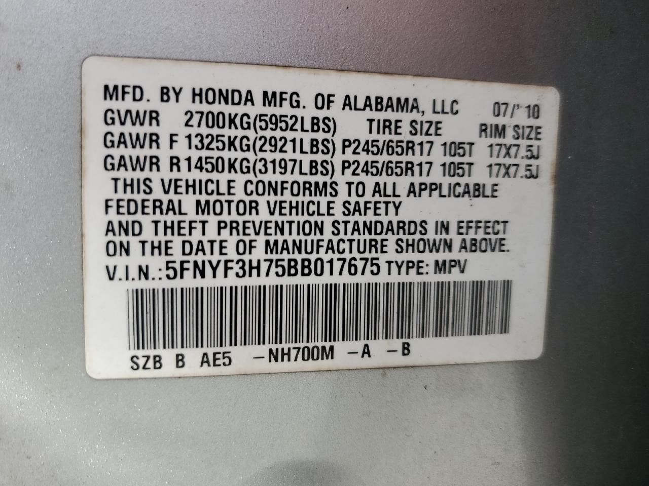 2011 Honda Pilot Exln VIN: 5FNYF3H75BB017675 Lot: 64144974