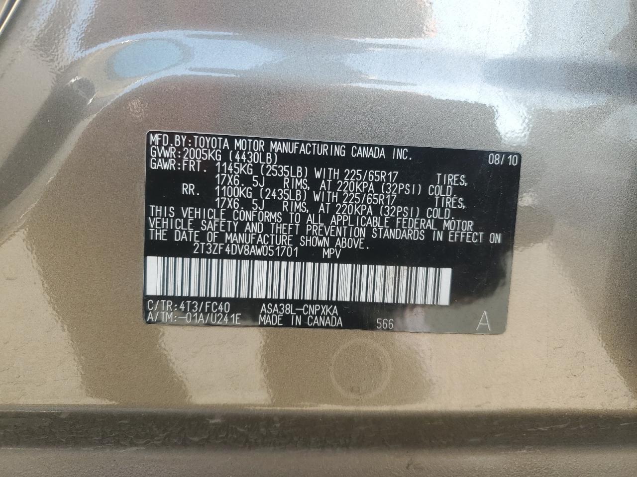 2010 Toyota Rav4 VIN: 2T3ZF4DV8AW051701 Lot: 64789334