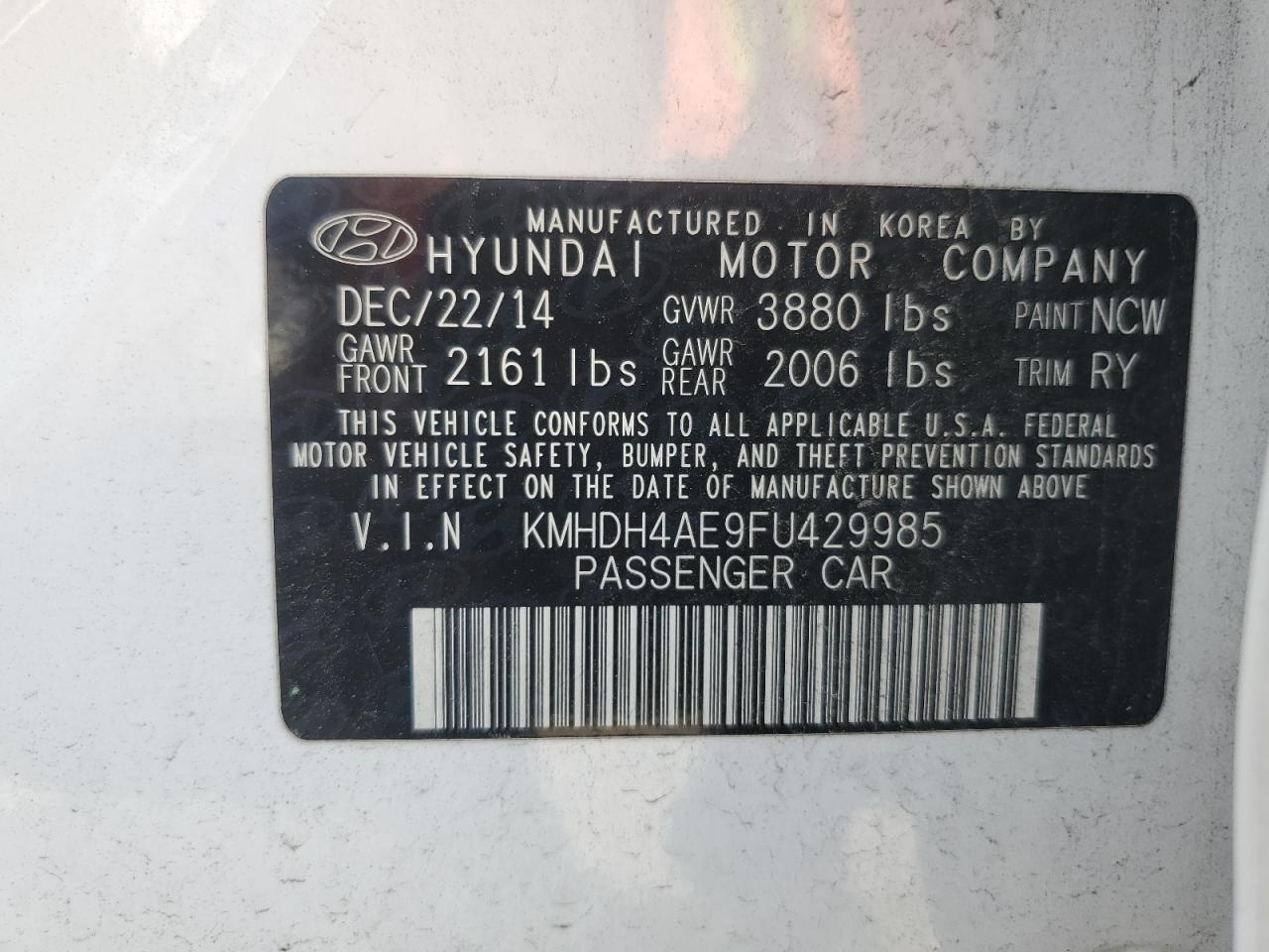 2015 Hyundai Elantra Se VIN: KMHDH4AE9FU429985 Lot: 61950904