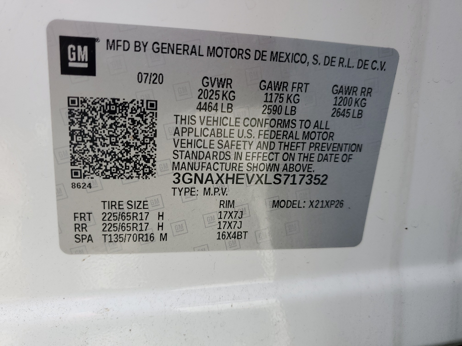 3GNAXHEVXLS717352 2020 Chevrolet Equinox Ls