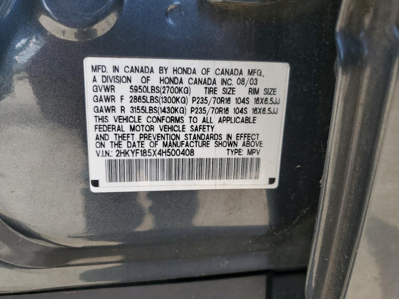 2004 Honda Pilot Exl VIN: 2HKYF185X4H500408 Lot: 63752084