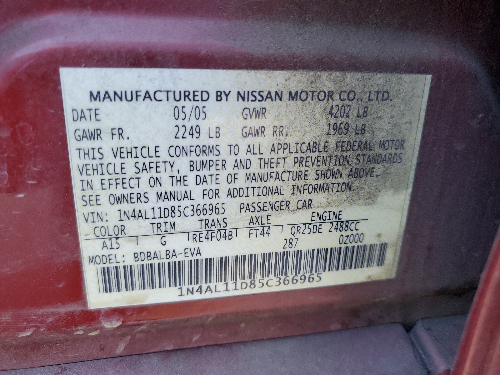 1N4AL11D85C366965 2005 Nissan Altima S
