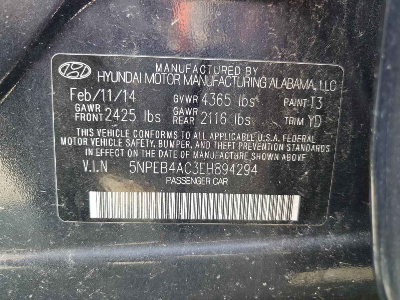 5NPEB4AC3EH894294 2014 Hyundai Sonata Gls