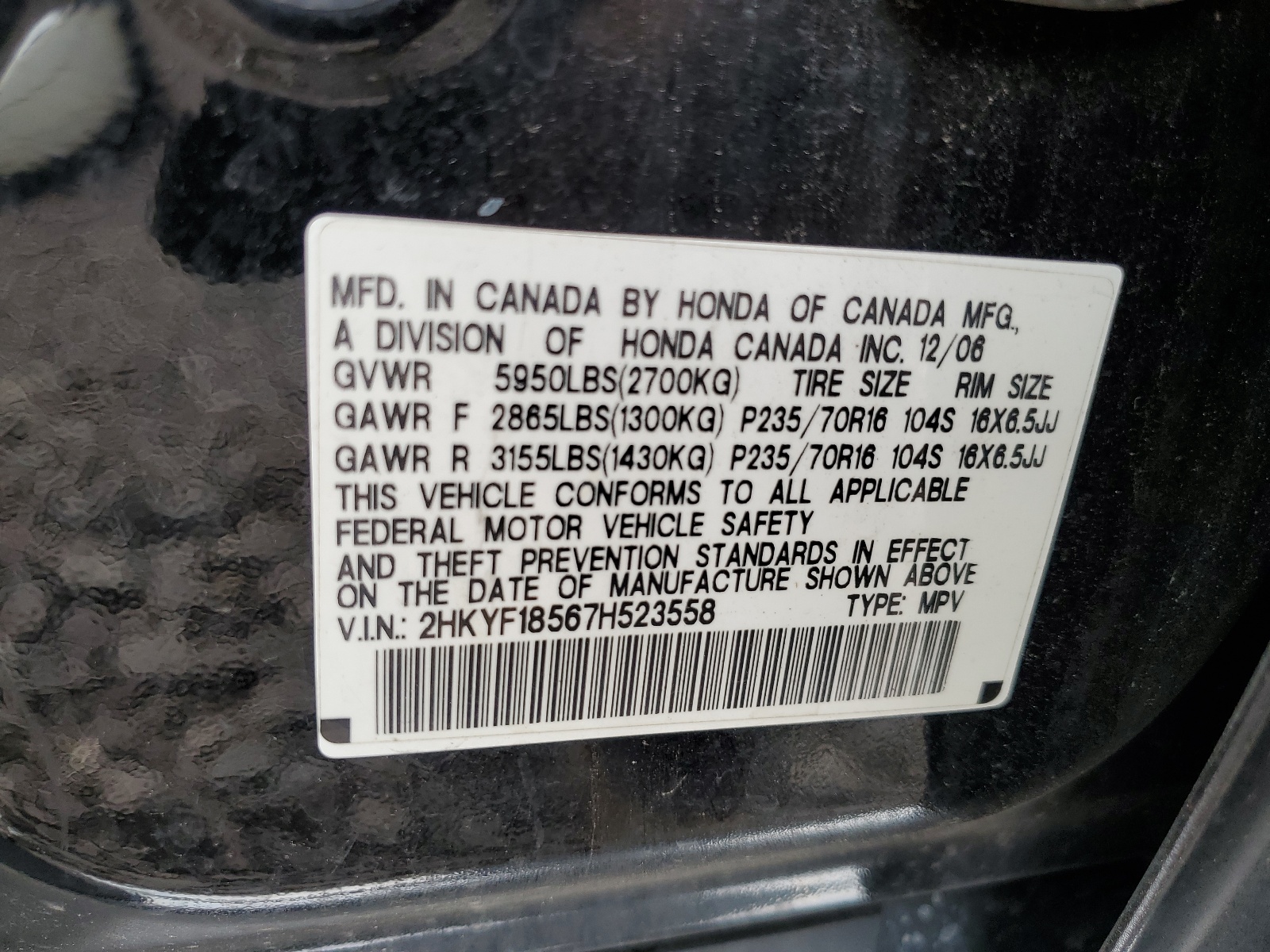 2HKYF18567H523558 2007 Honda Pilot Exl