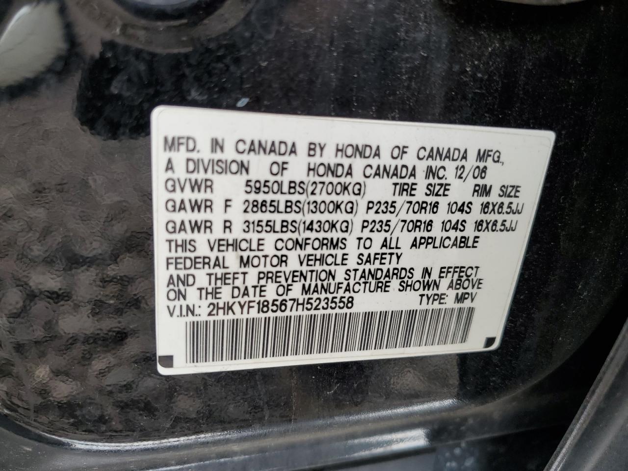 2007 Honda Pilot Exl VIN: 2HKYF18567H523558 Lot: 64144034
