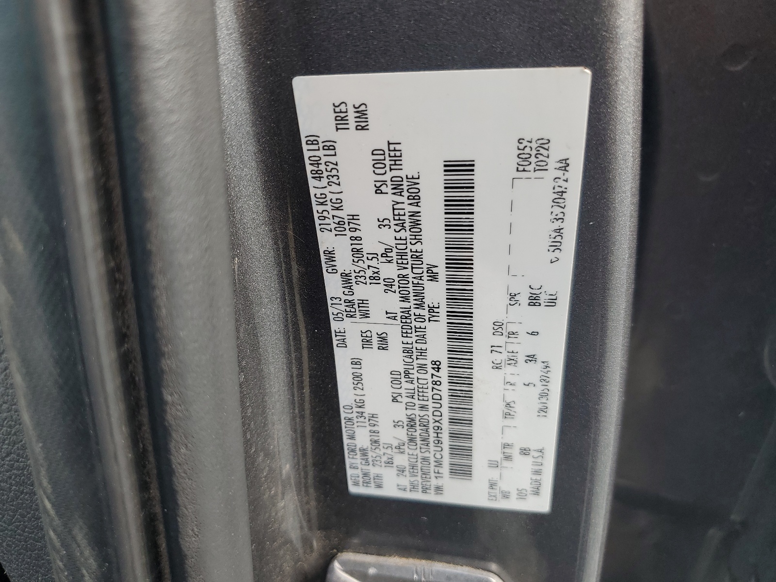 1FMCU9H9XDUD78748 2013 Ford Escape Sel