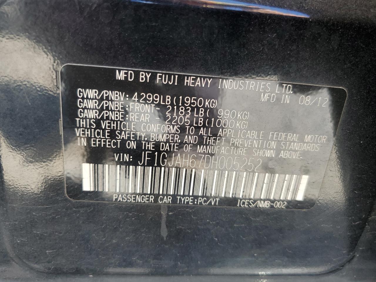 2013 Subaru Impreza Limited VIN: JF1GJAH67DH005252 Lot: 65766884