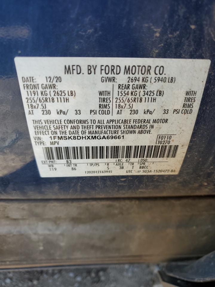 2021 Ford Explorer Xlt VIN: 1FMSK8DHXMGA69661 Lot: 61024544