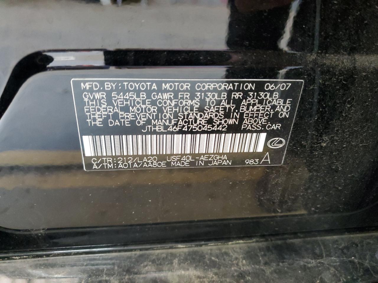 2007 Lexus Ls 460 VIN: JTHBL46F475045442 Lot: 62983244