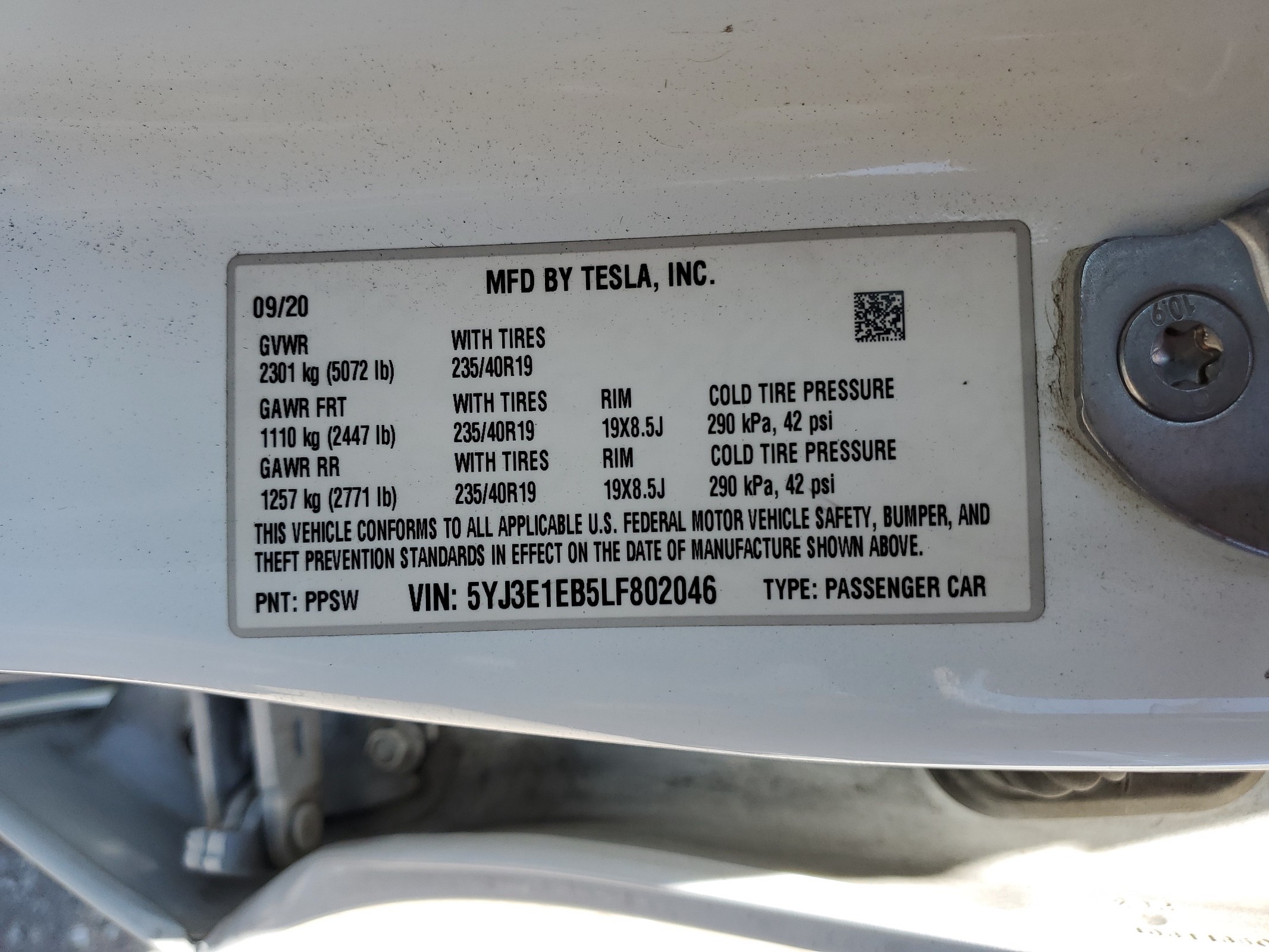 5YJ3E1EB5LF802046 2020 Tesla Model 3