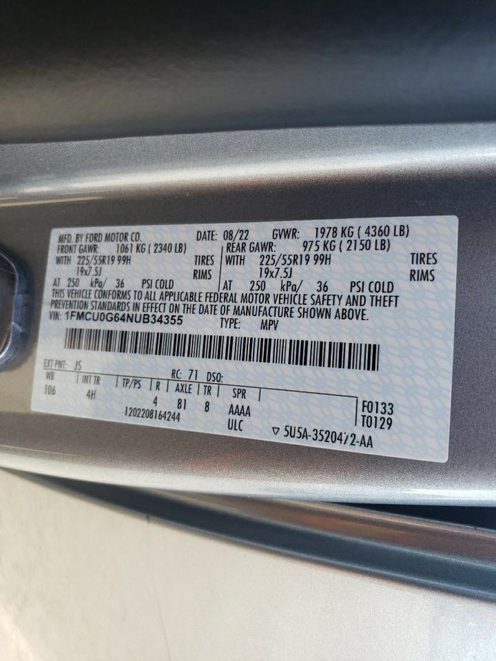 2022 Ford Escape Se VIN: 1FMCU0G64NUB34355 Lot: 63101214