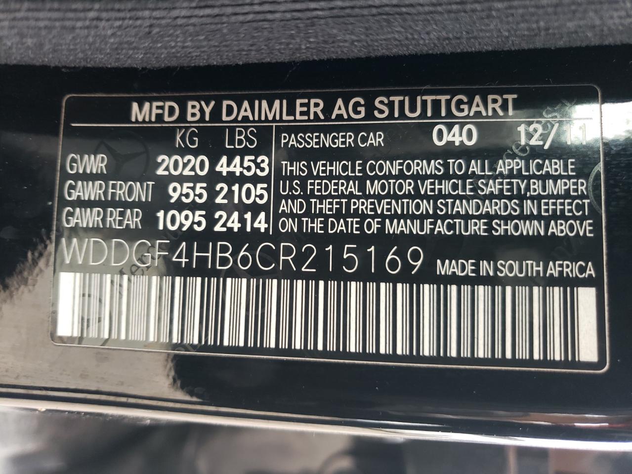 2012 Mercedes-Benz C 250 VIN: WDDGF4HB6CR215169 Lot: 63807434