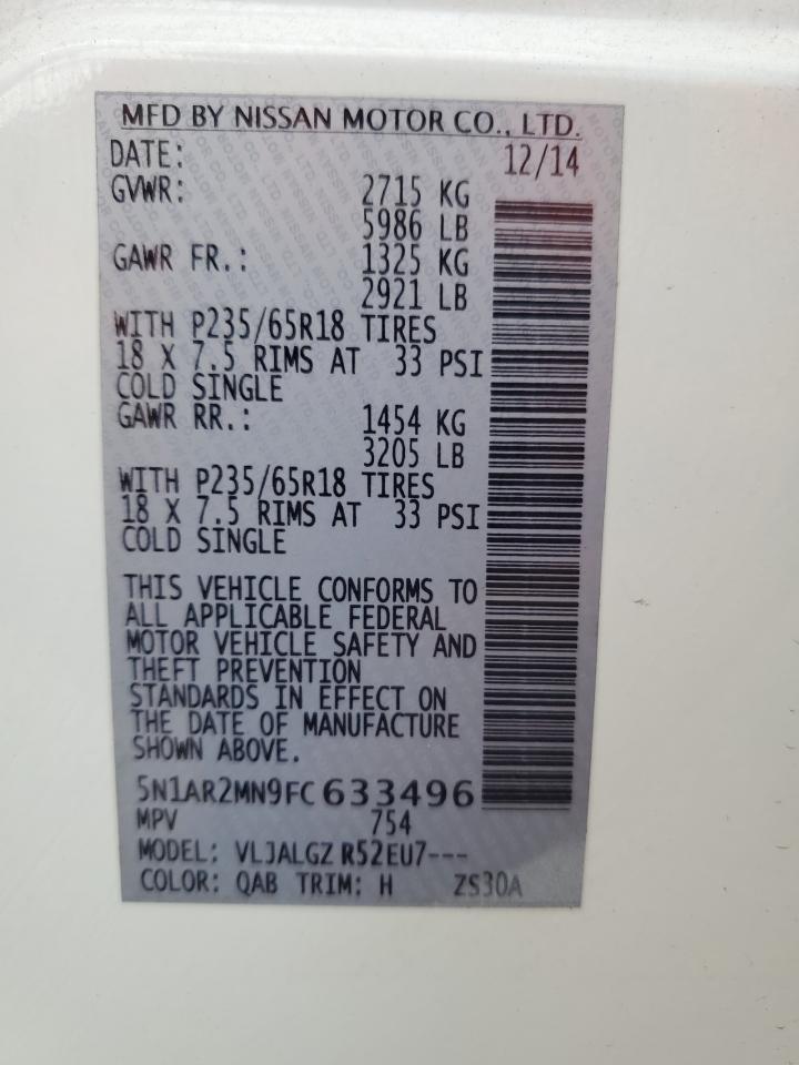 2015 Nissan Pathfinder S VIN: 5N1AR2MN9FC633496 Lot: 64059924