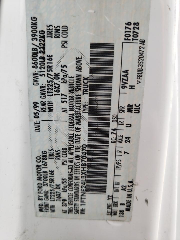 1999 Ford Econoline E250 Van VIN: 1FTNE24L3XHB70470 Lot: 63477474