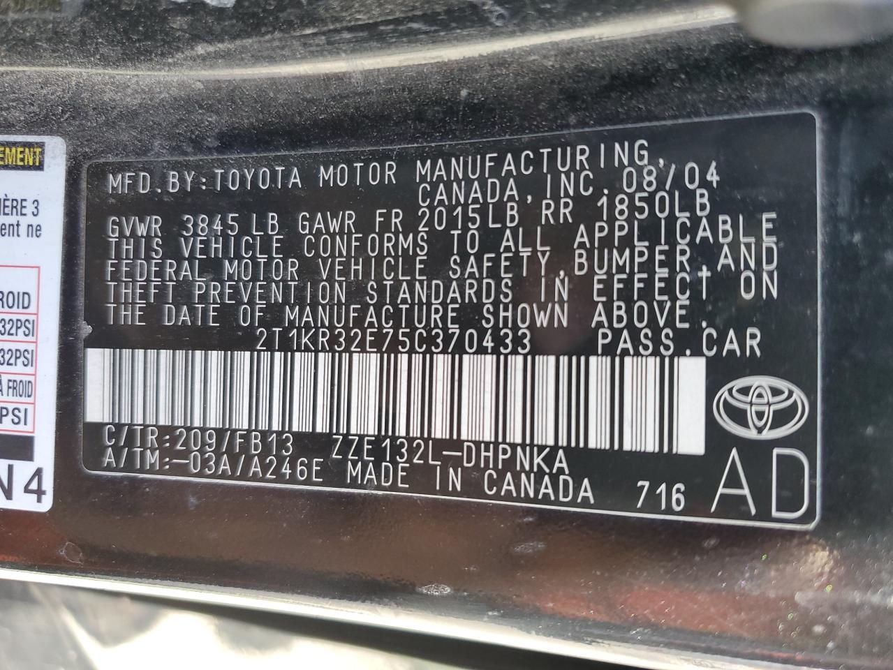 2005 Toyota Corolla Matrix Xr VIN: 2T1KR32E75C370433 Lot: 65282064