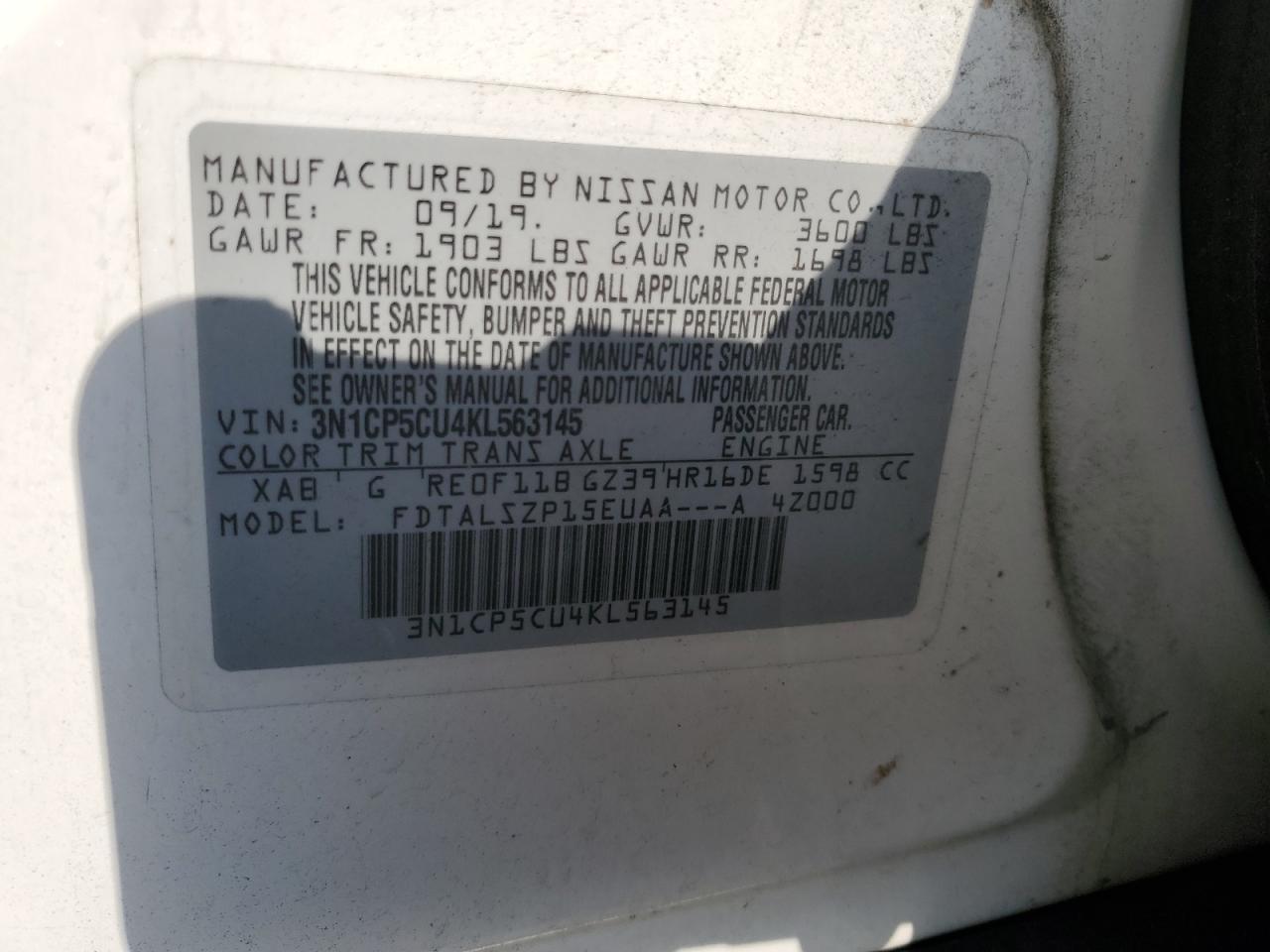 2019 Nissan Kicks S VIN: 3N1CP5CU4KL563145 Lot: 63612274