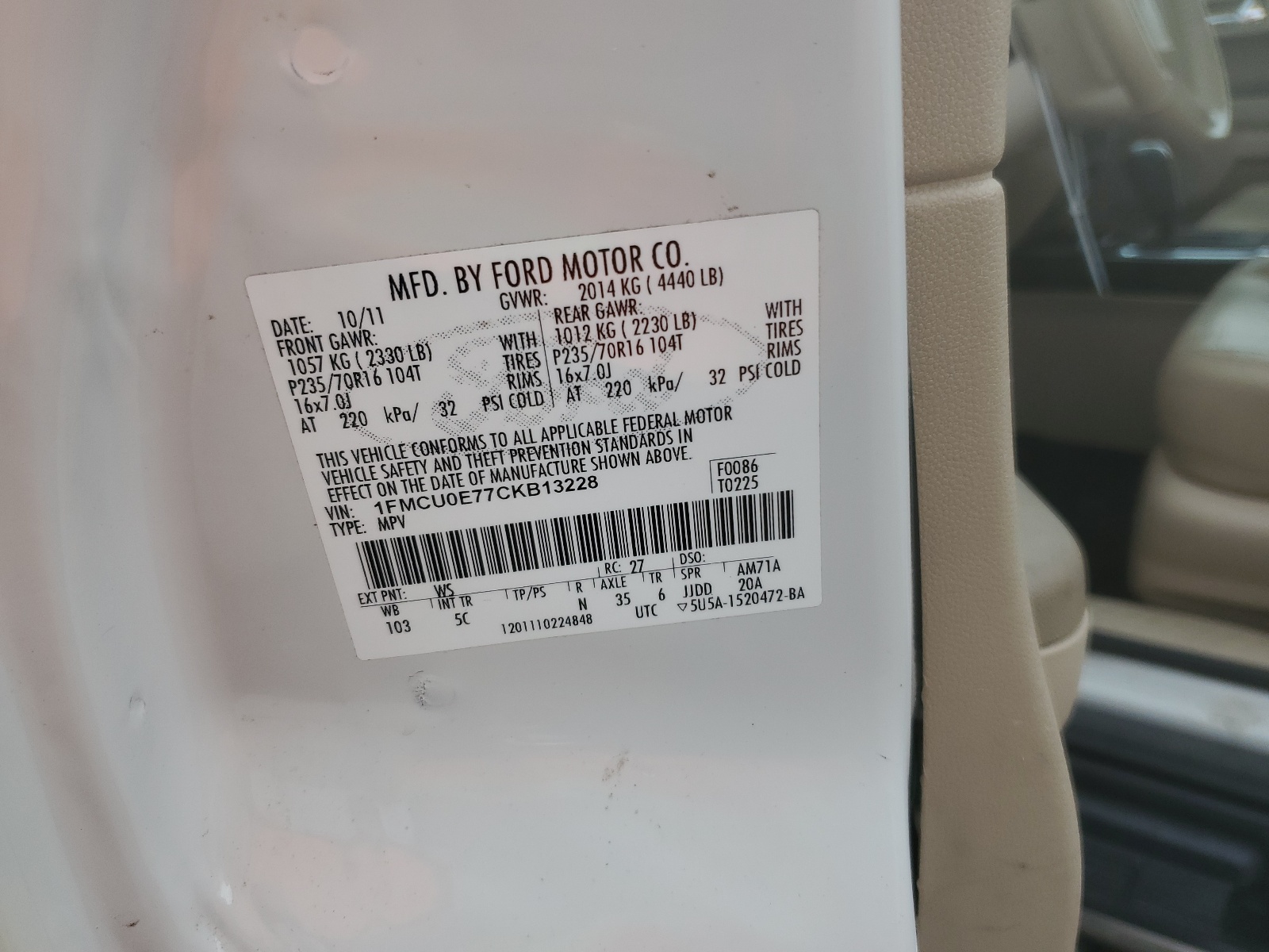 1FMCU0E77CKB13228 2012 Ford Escape Limited