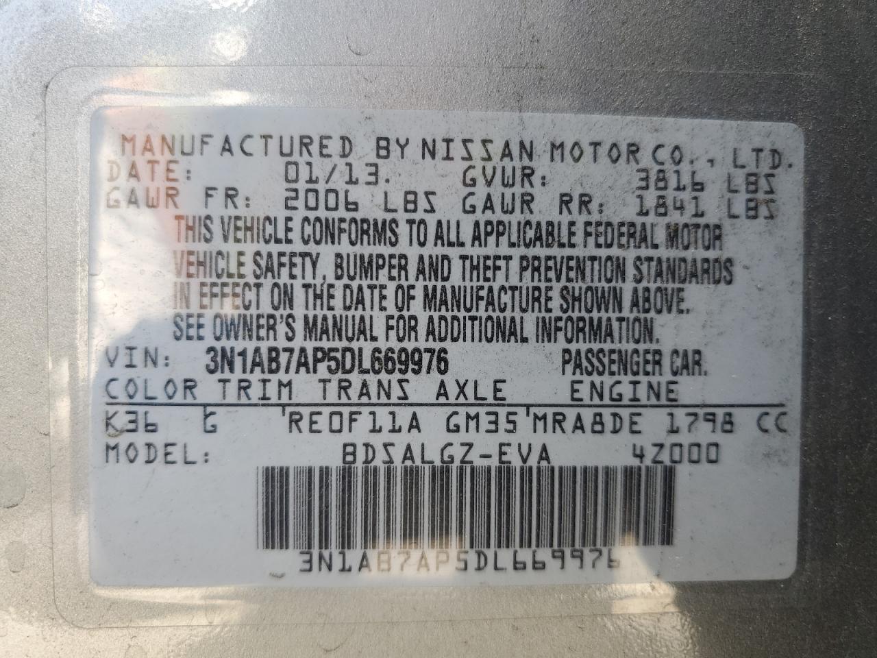 3N1AB7AP5DL669976 2013 Nissan Sentra S