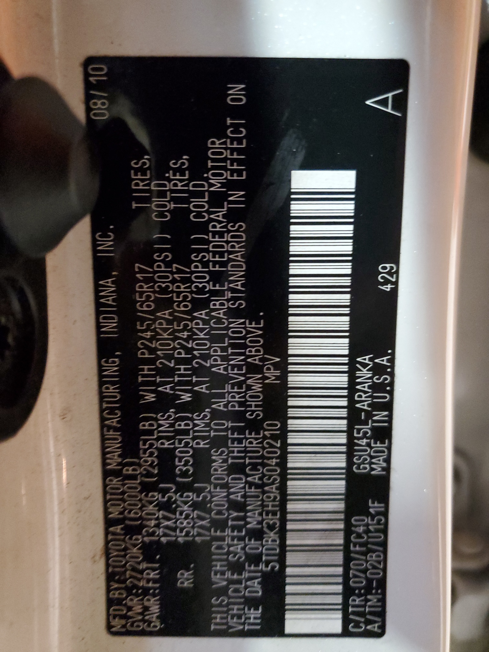 5TDBK3EH9AS040210 2010 Toyota Highlander