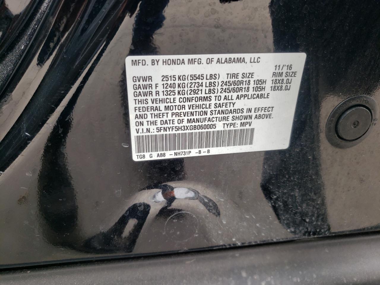 2016 Honda Pilot Ex VIN: 5FNYF5H3XGB060005 Lot: 63277954