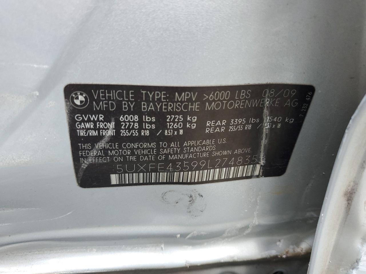 2009 BMW X5 xDrive30I VIN: 5UXFE43599L274835 Lot: 63698434