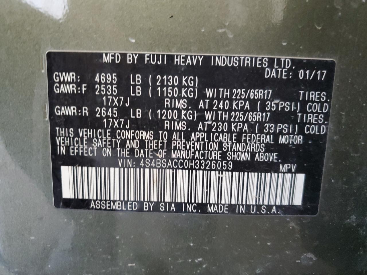 2017 Subaru Outback 2.5I Premium VIN: 4S4BSACC0H3326059 Lot: 63175624