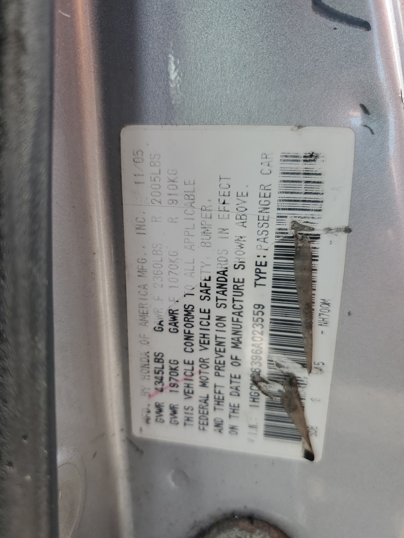 1HGCM66396A023559 2006 Honda Accord Lx