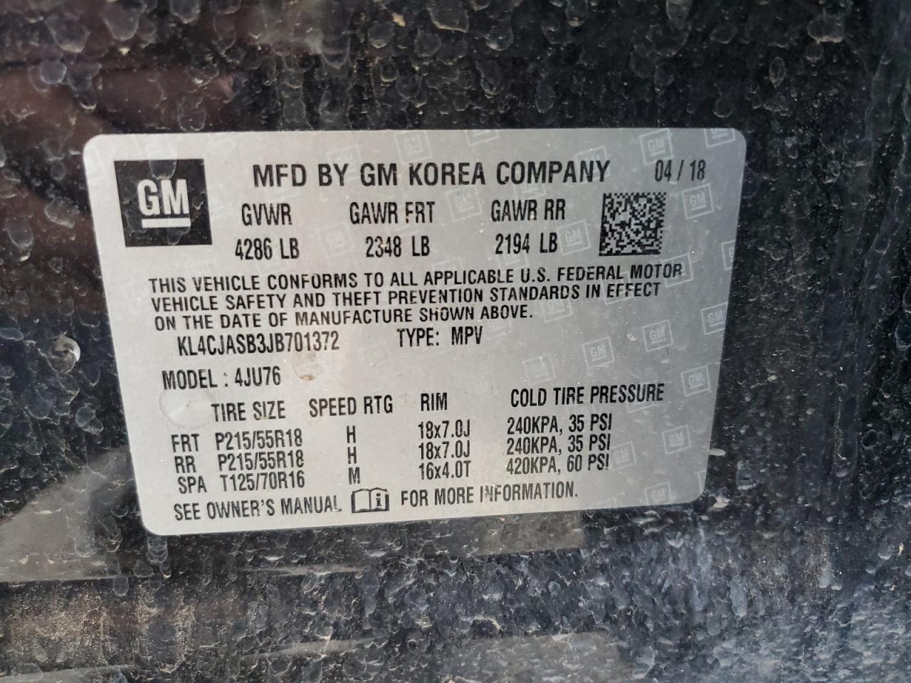 2018 Buick Encore Preferred VIN: KL4CJASB3JB701372 Lot: 64175254