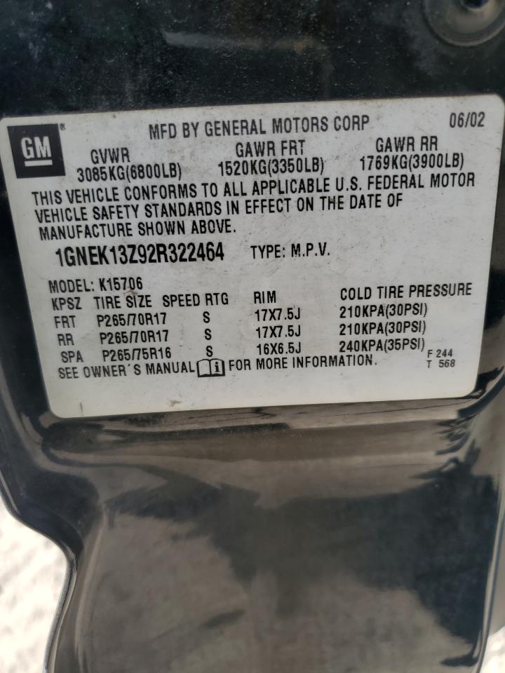 2002 Chevrolet Tahoe K1500 VIN: 1GNEK13Z92R322464 Lot: 61723324