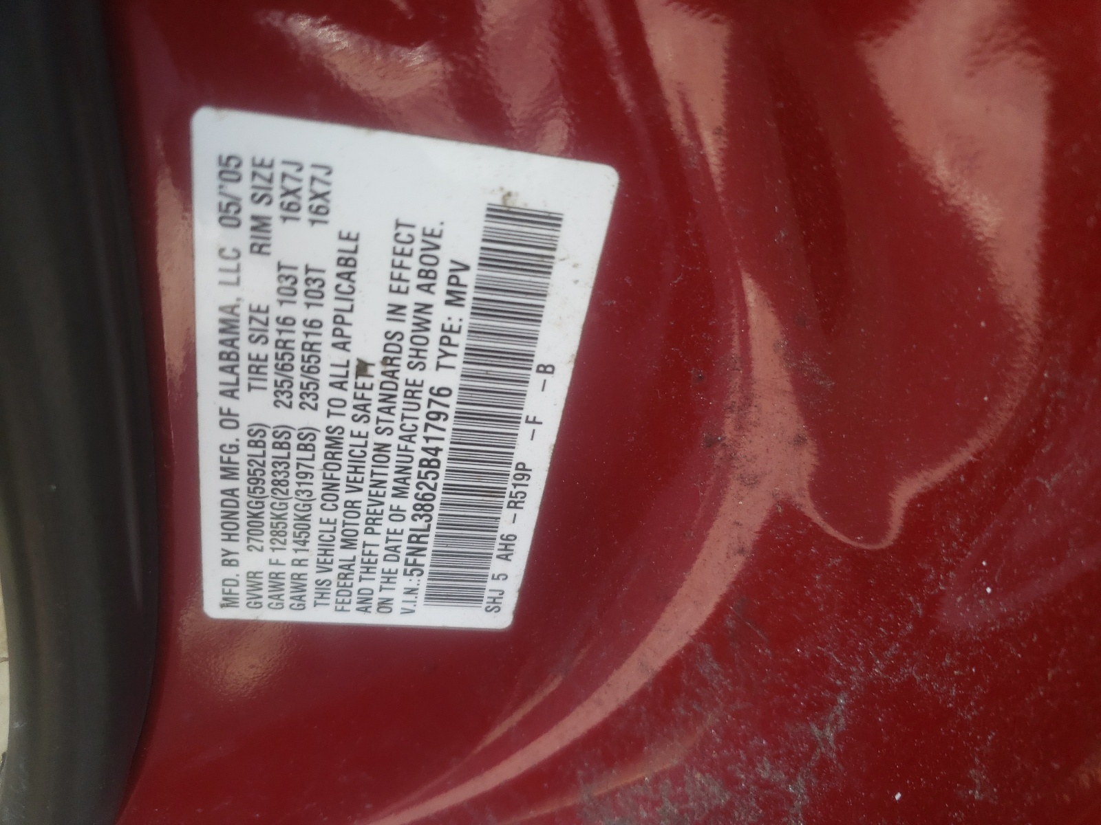 5FNRL38625B417976 2005 Honda Odyssey Exl