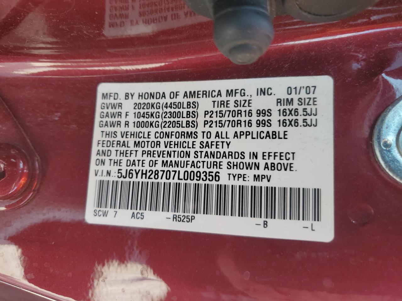 2007 Honda Element Ex VIN: 5J6YH28707L009356 Lot: 63363964