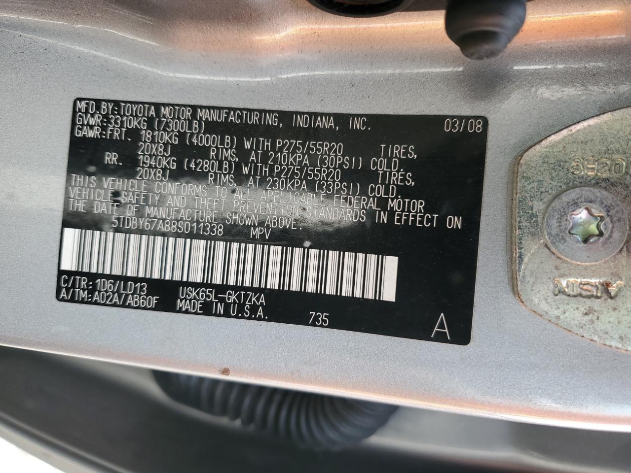 5TDBY67A88S011338 2008 Toyota Sequoia Platinum