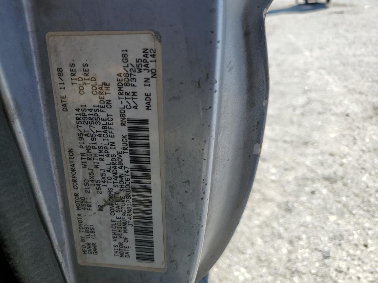 1989 Toyota Pickup 1/2 Ton Short Wheelbase Dlx VIN: JT4RN81P8K0006747 Lot: 60760834