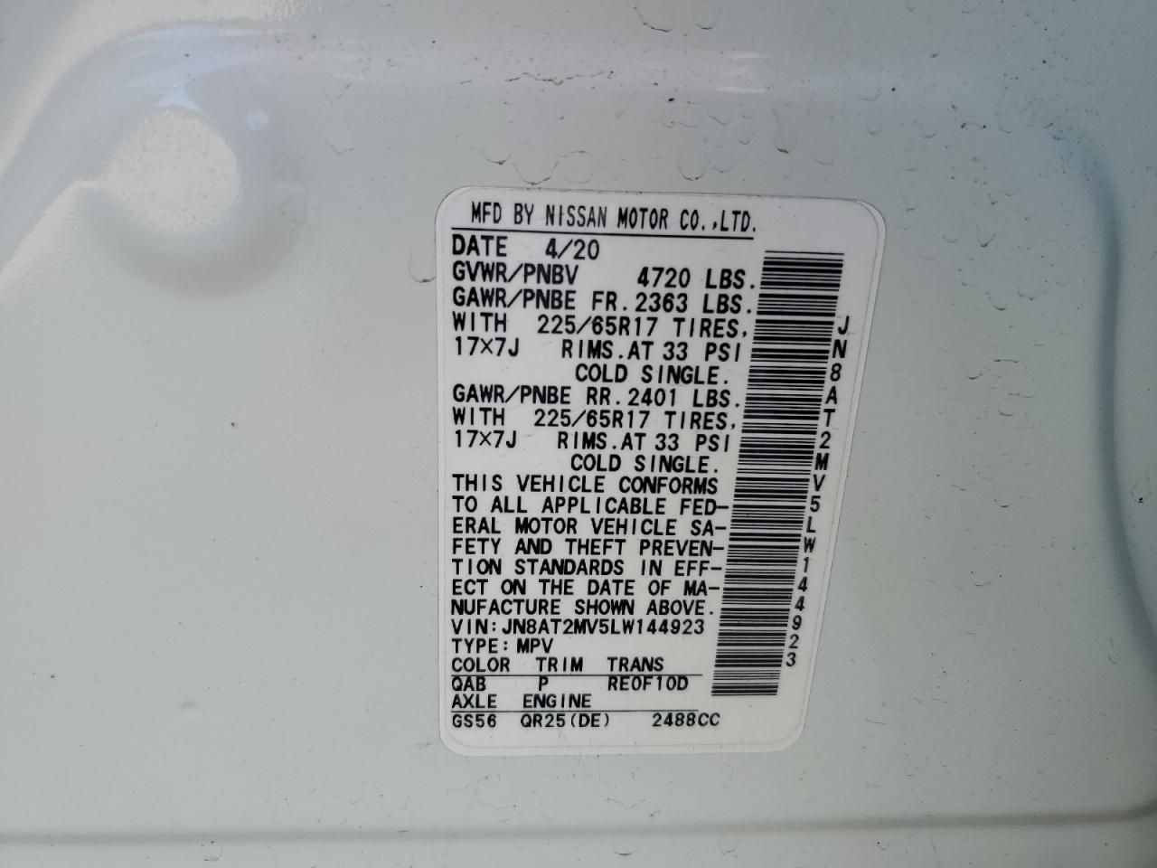 2020 Nissan Rogue S VIN: JN8AT2MV5LW144923 Lot: 64427664