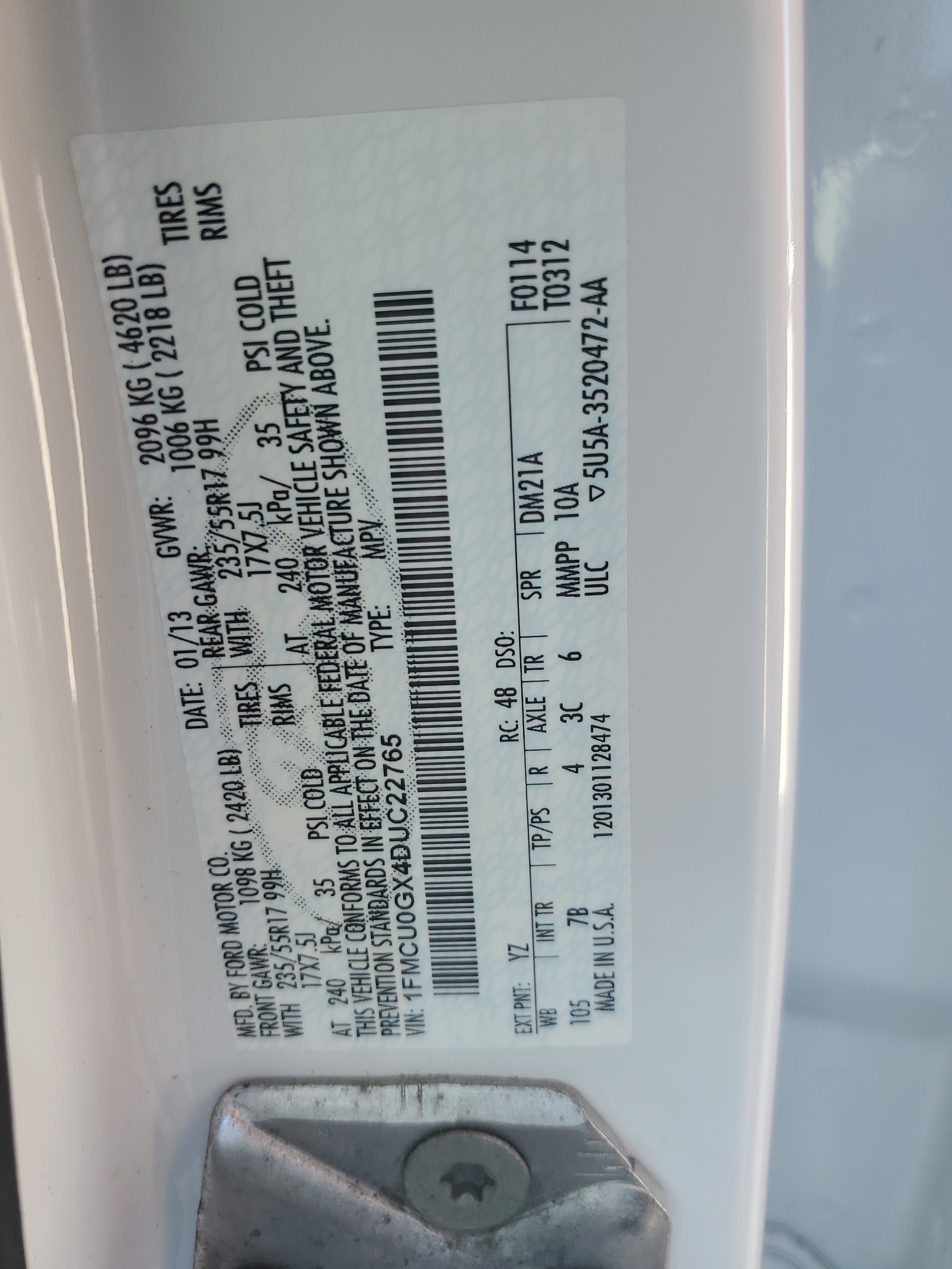 1FMCU0GX4DUC22765 2013 Ford Escape Se