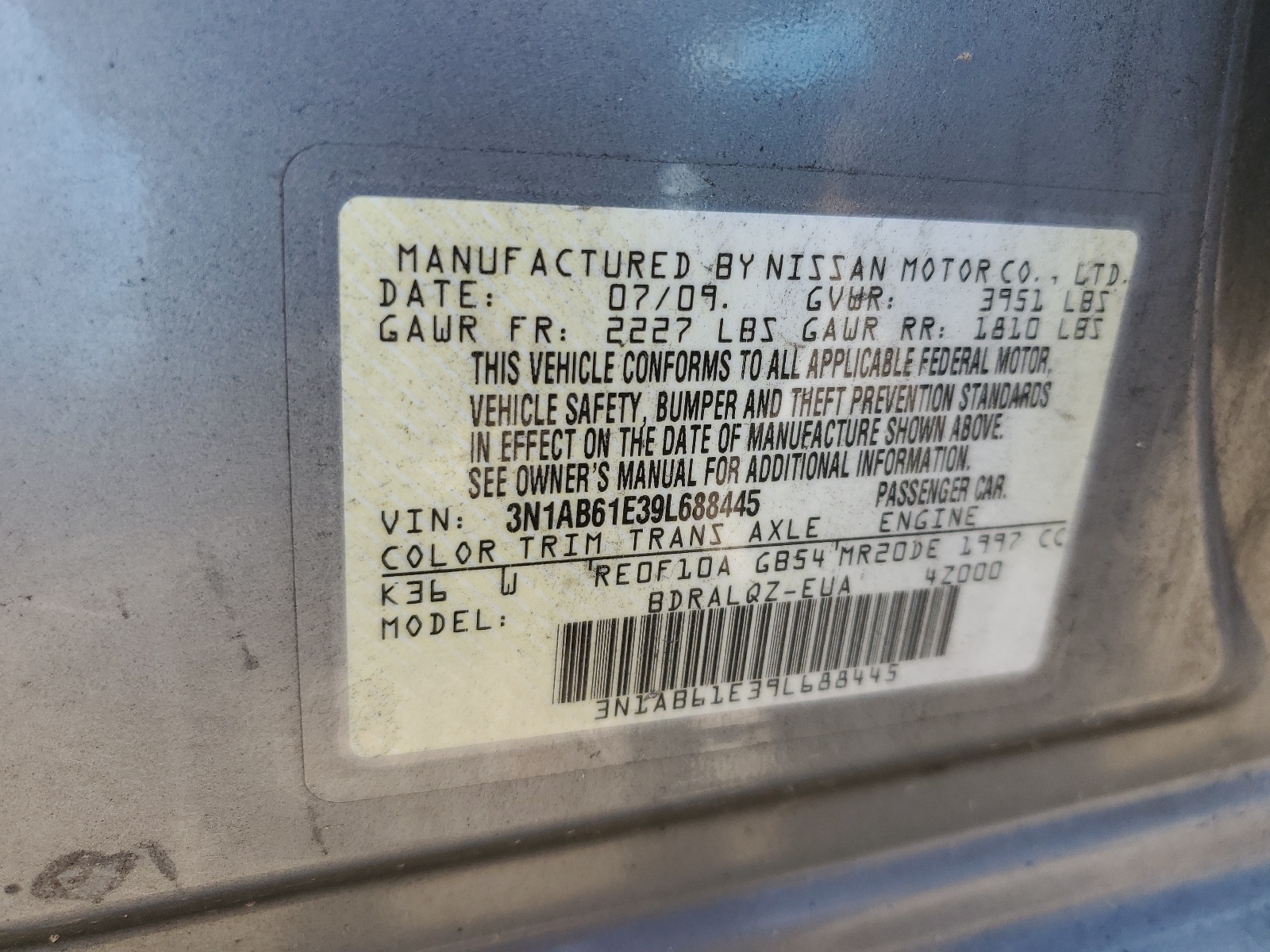 3N1AB61E39L688445 2009 Nissan Sentra 2.0