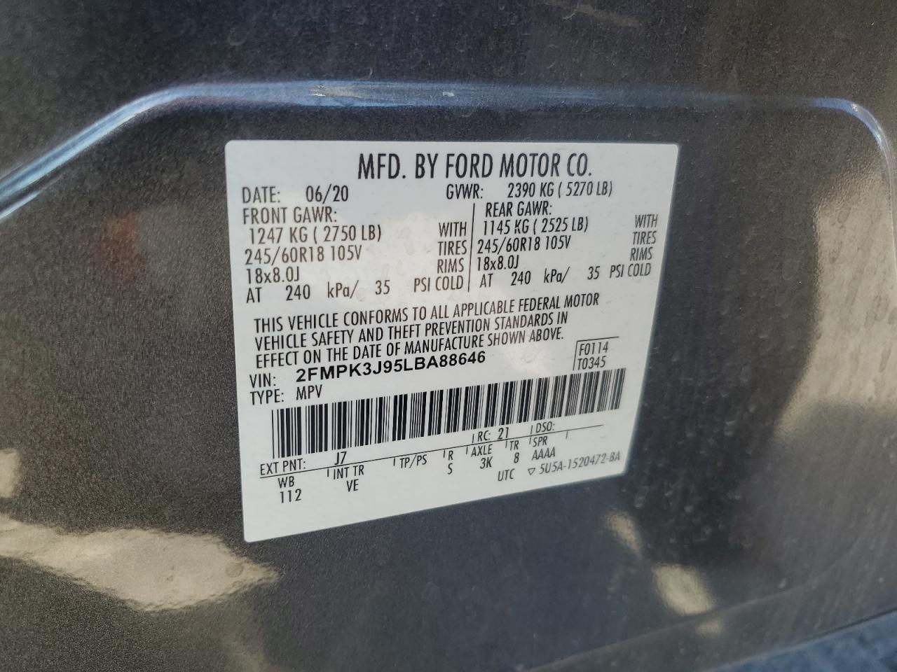 2020 Ford Edge Sel VIN: 2FMPK3J95LBA88646 Lot: 61732104