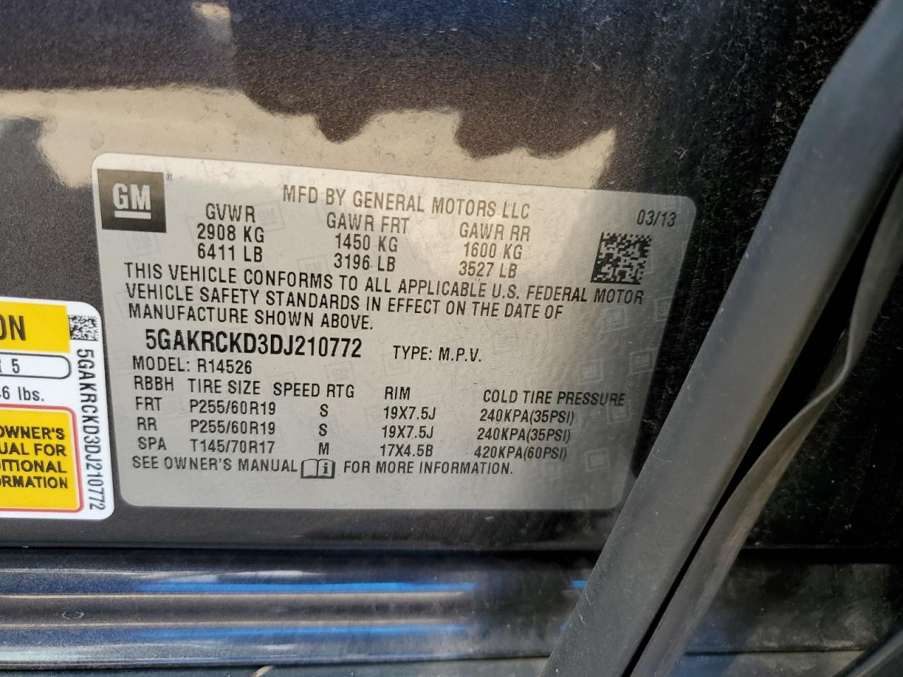 2013 Buick Enclave VIN: 5GAKRCKD3DJ210772 Lot: 62692074