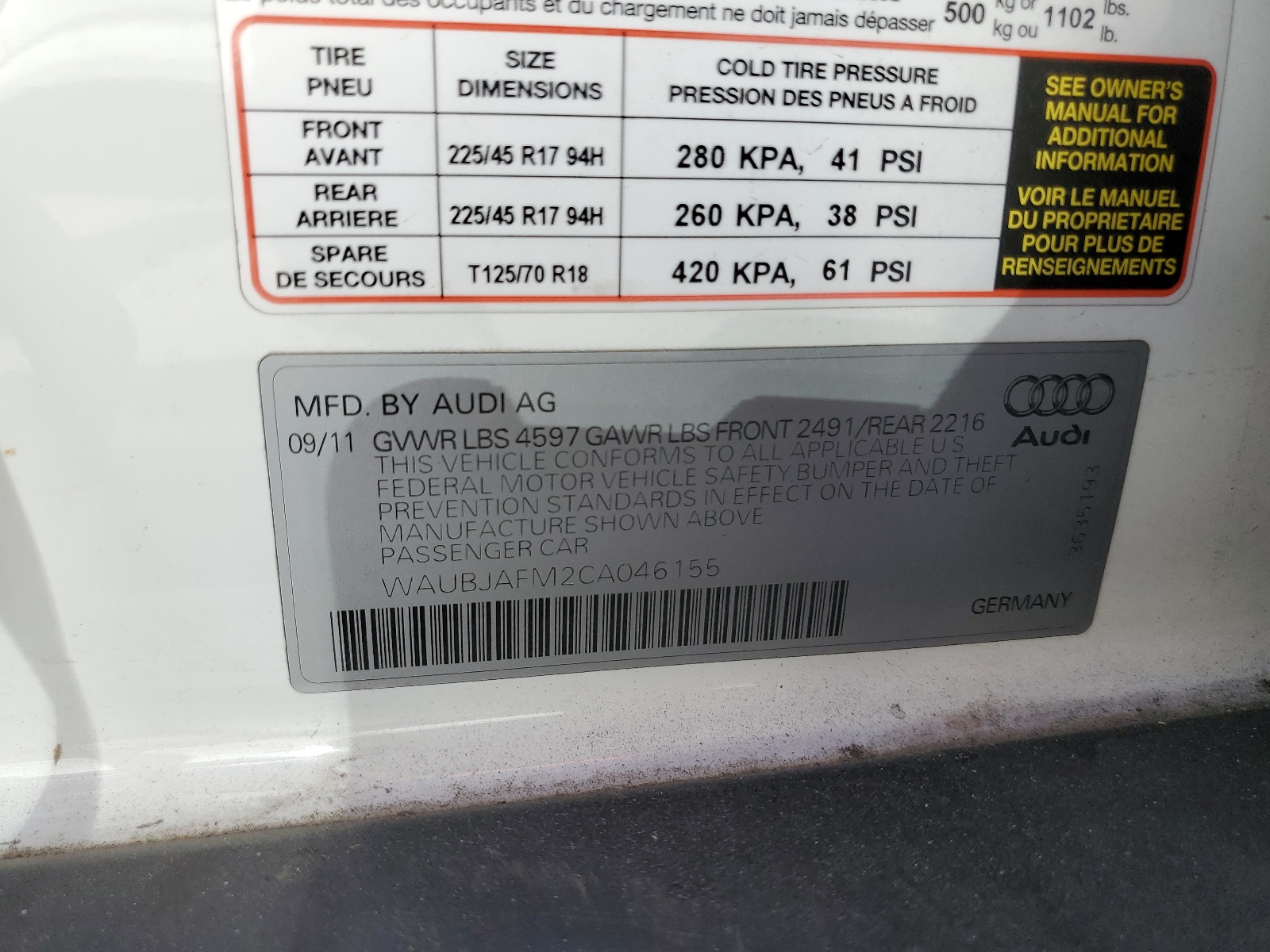 WAUBJAFM2CA046155 2012 Audi A3 Premium