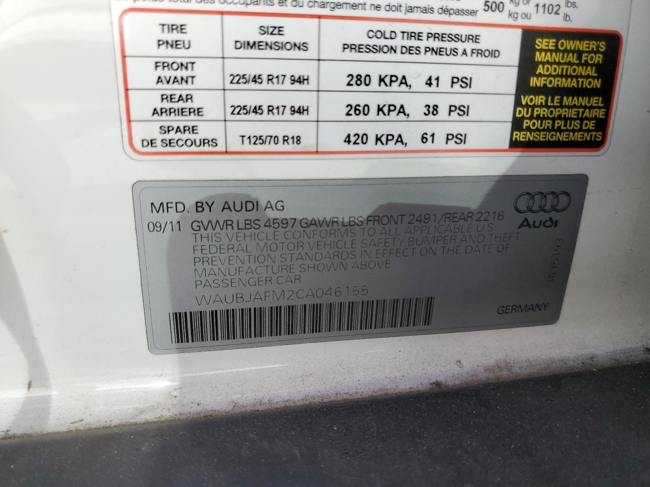 2012 Audi A3 Premium VIN: WAUBJAFM2CA046155 Lot: 65198314