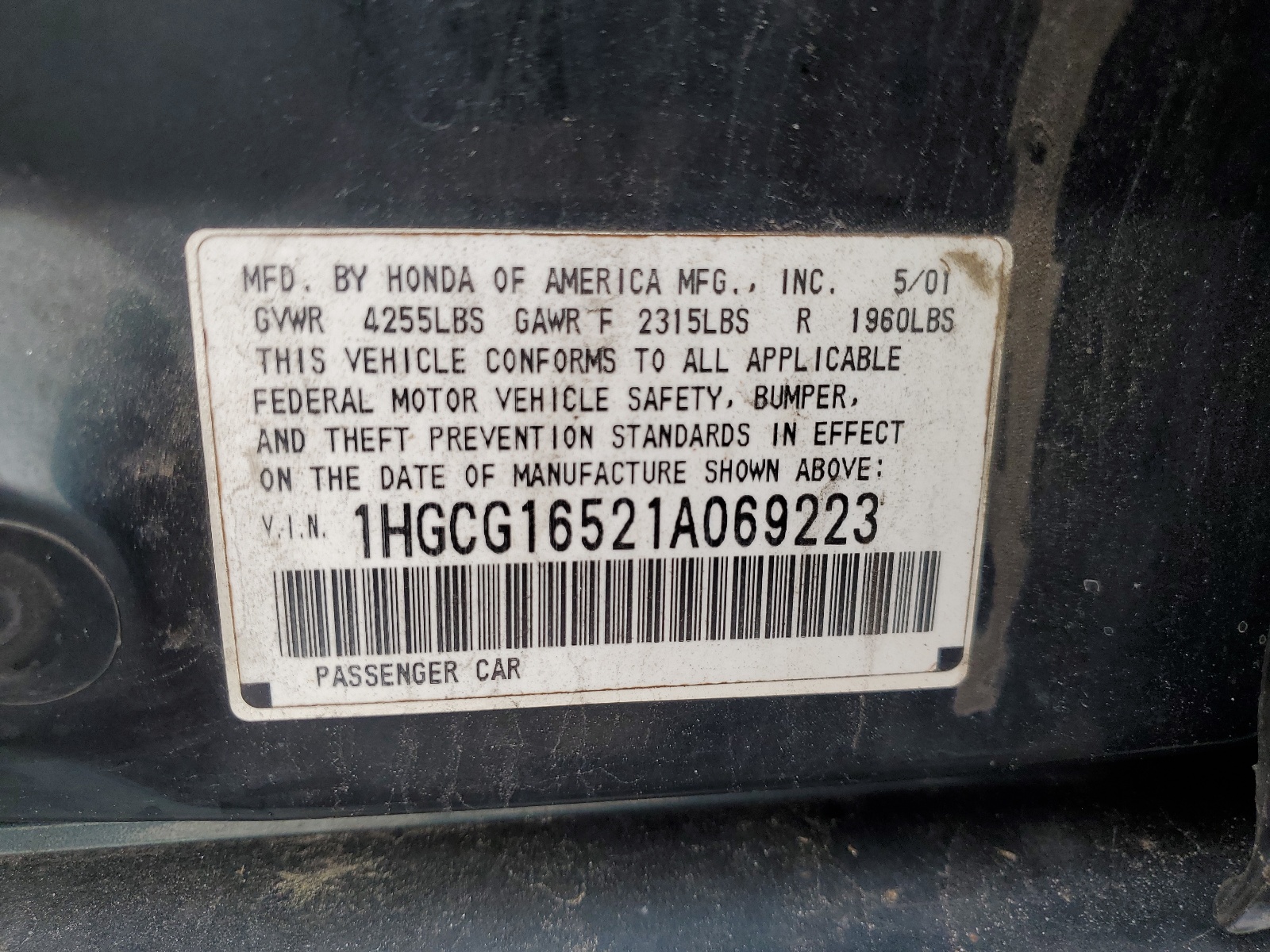 1HGCG16521A069223 2001 Honda Accord Ex