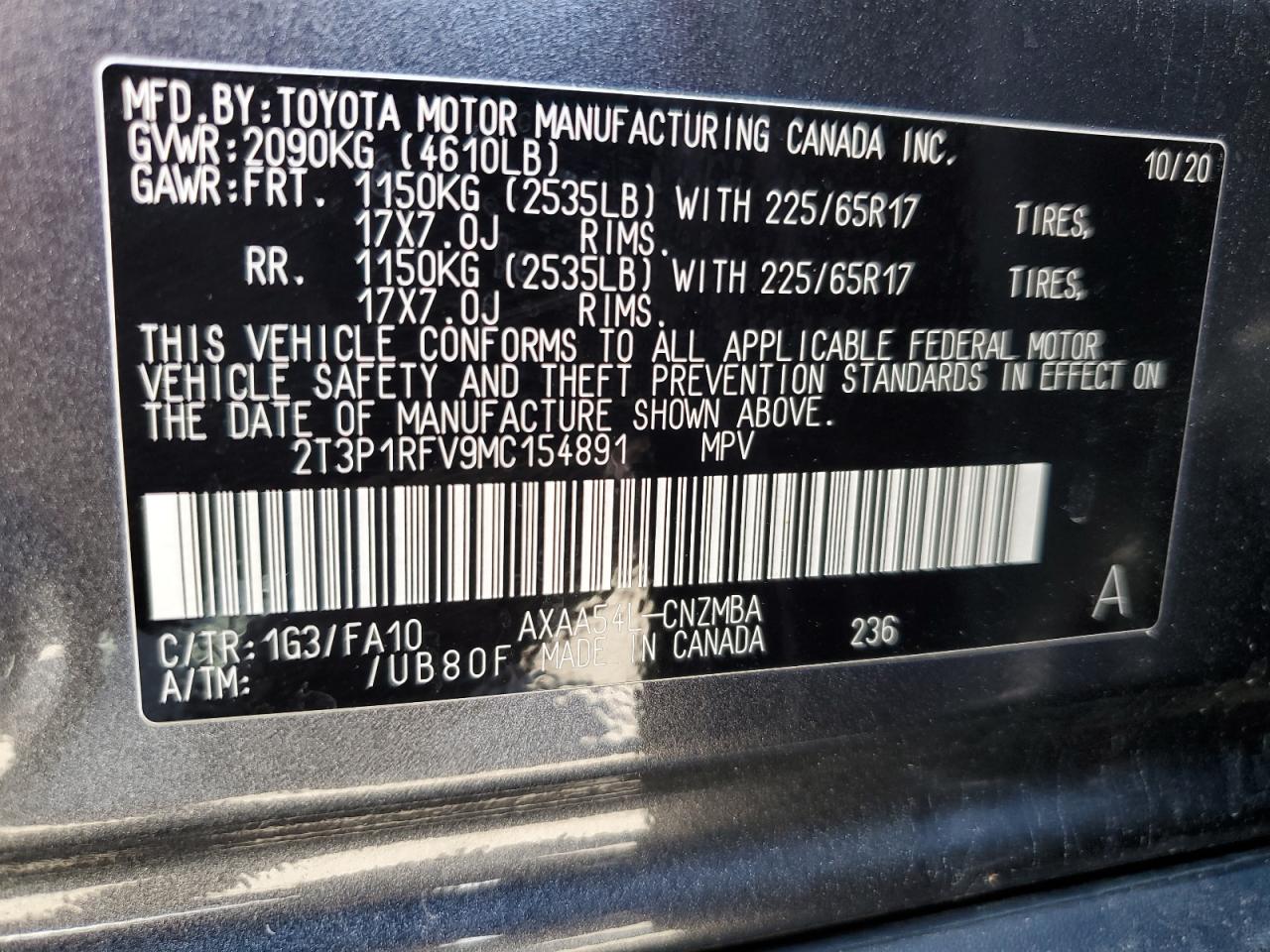 2T3P1RFV9MC154891 2021 Toyota Rav4 Xle