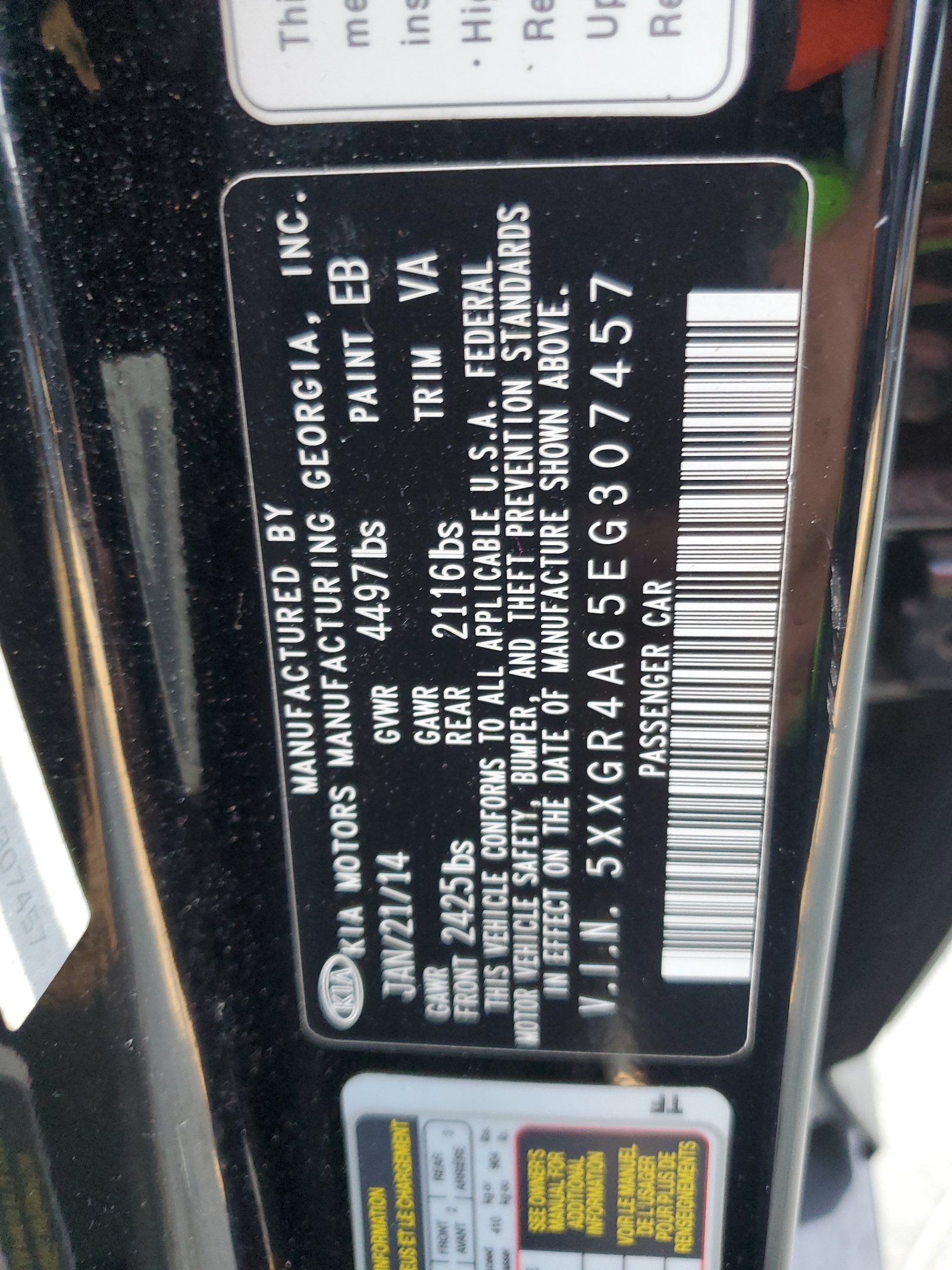 5XXGR4A65EG307457 2014 Kia Optima Sx