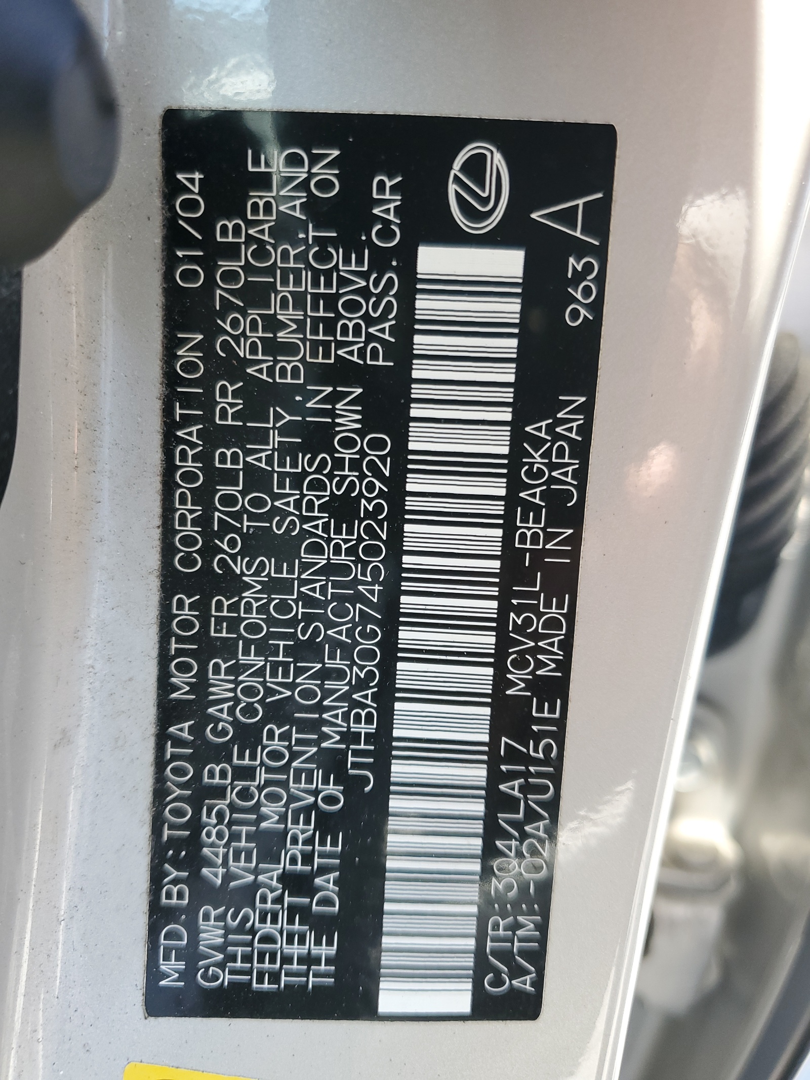 JTHBA30G745023920 2004 Lexus Es 330