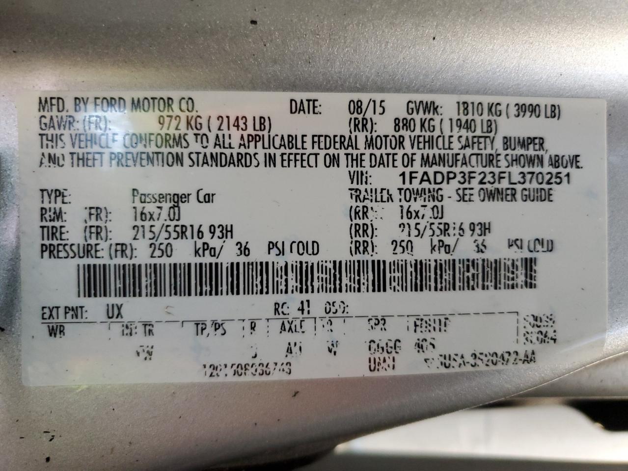 2015 Ford Focus Se VIN: 1FADP3F23FL370251 Lot: 61952924