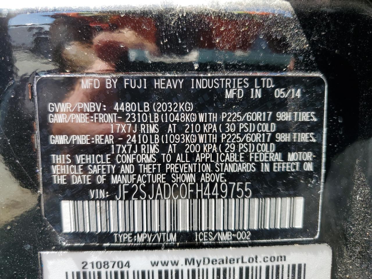 2015 Subaru Forester 2.5I Premium VIN: JF2SJADC0FH449755 Lot: 61020574