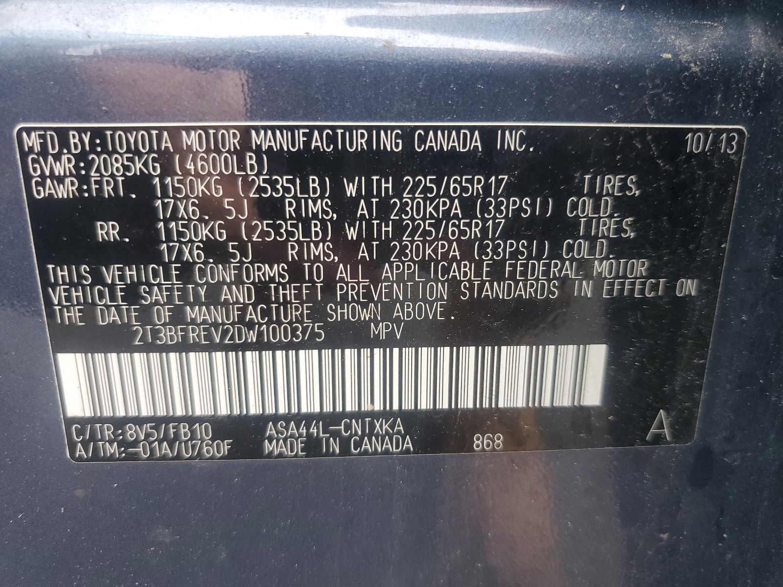 2T3BFREV2DW100375 2013 Toyota Rav4 Le