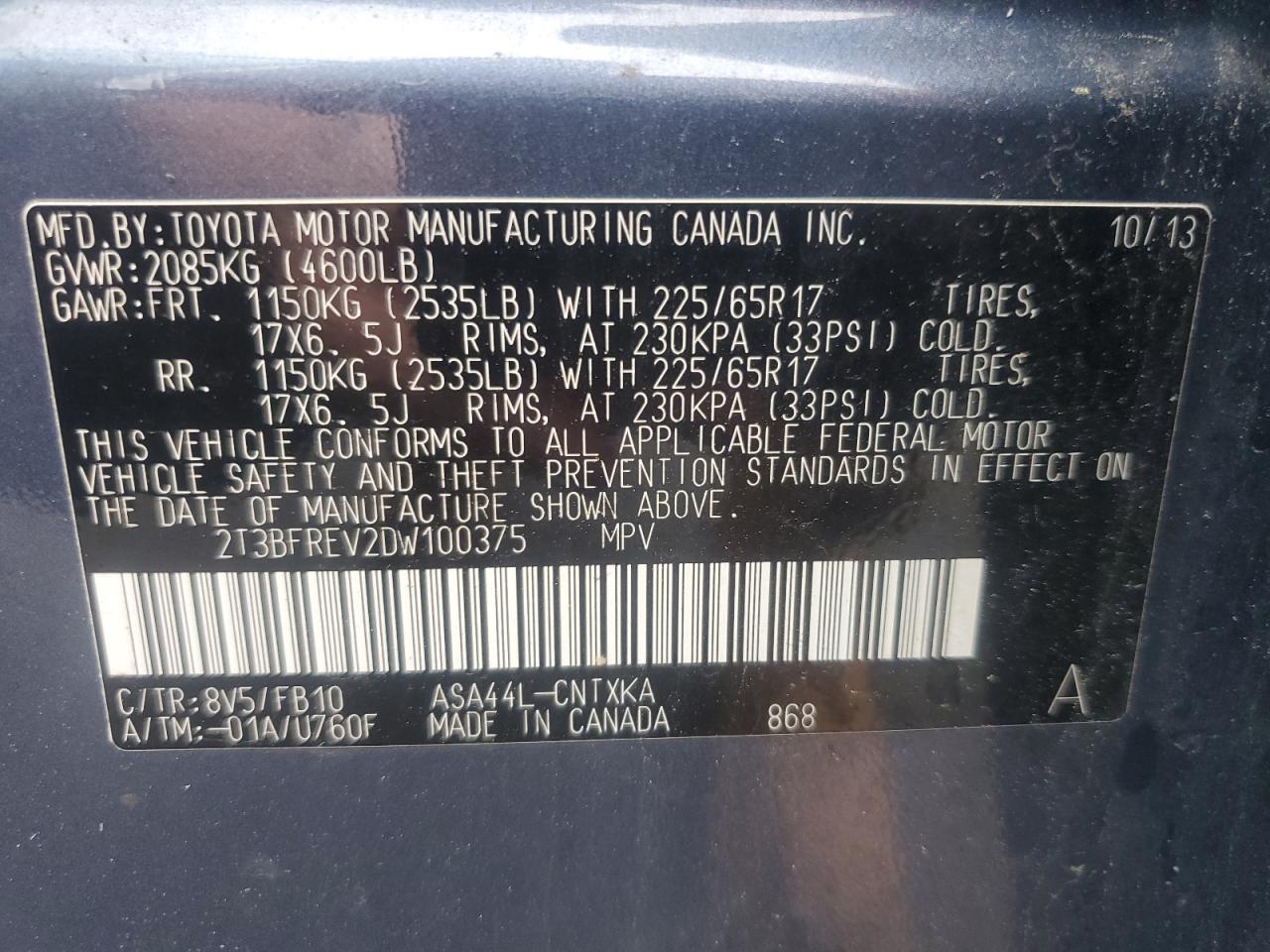 2013 Toyota Rav4 Le VIN: 2T3BFREV2DW100375 Lot: 62438194