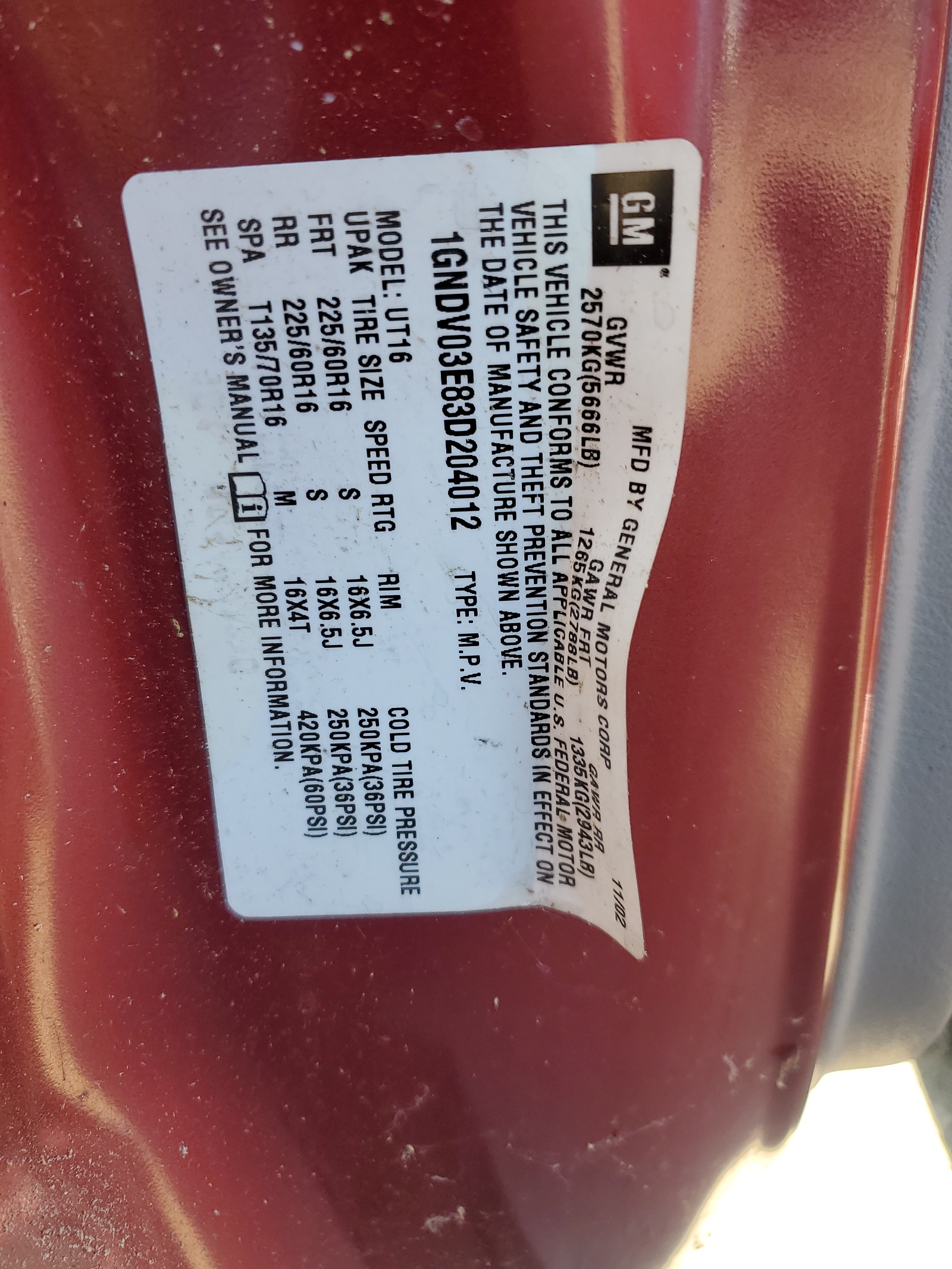 1GNDV03E83D204012 2003 Chevrolet Venture